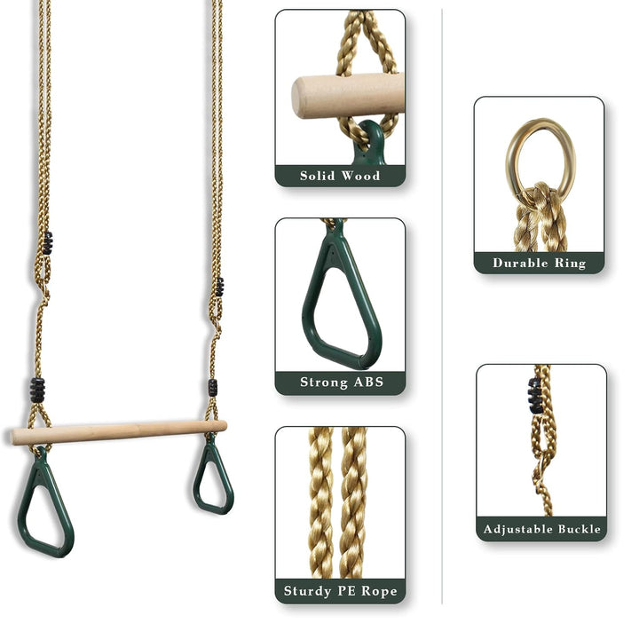 Leogreen Kinder Holz Trapeze Schaukel mit Kunststoff Turnringe, Aufhängen belastbar bis 150KG, Schau