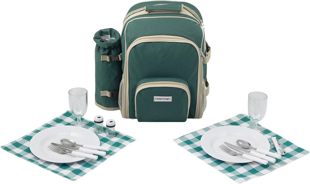 anndora Picknickrucksack mit Kühlfach grün + Zubehör 15 teilig - 2 Personen, Grün