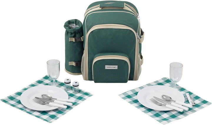 anndora Picknickrucksack mit Kühlfach grün + Zubehör 15 teilig - 2 Personen, Grün