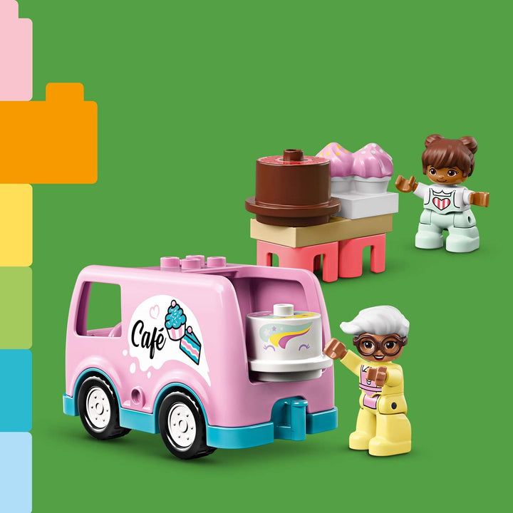 LEGO 10928 DUPLO Tortenbäckerei Spielset mit Café-Wagen, Kuchen und Cupcakes, grosse Bausteine für K