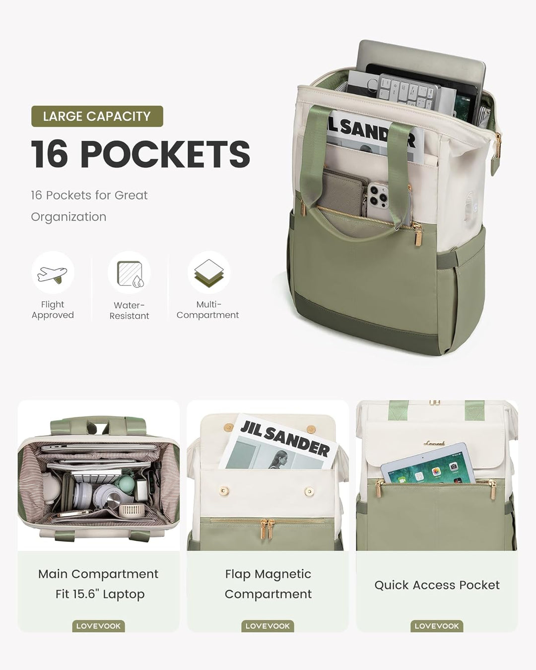 LOVEVOOK Rucksack Erbsengrün, Moderner Laptop Schulrucksack, Schultasche Teenager Backpack Women Ele