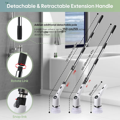 Elektrische Reinigungsbürste, 9 IN 1 Spin Scrubber Schnurlos mit 8 Bohrbürstenköpfen, Acemall 152cm