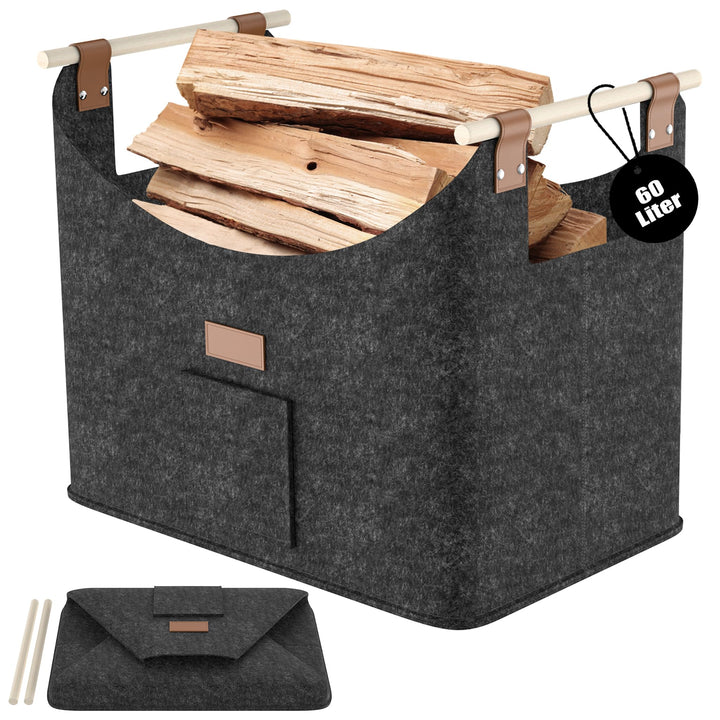 4 Stück Gross Filz Holzkörbe 60 Liter Faltbare Einkaufstaschen | Multifunktion Kaminholztasche mit H