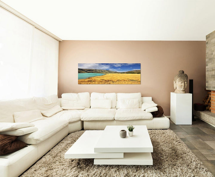 Paul Sinus Art Panoramabild auf Leinwand und Keilrahmen 150x50cm Chile Nationalpark Berge See Wiese