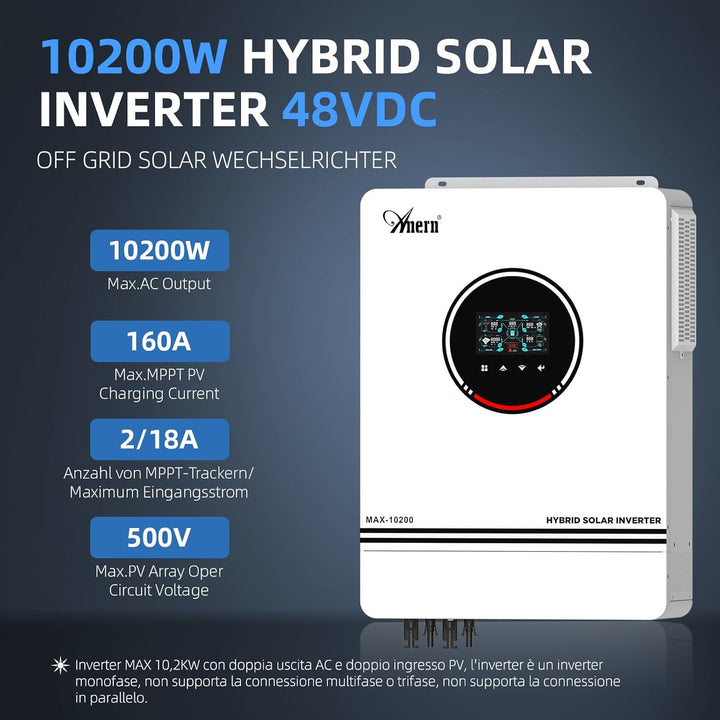 Anern 10200W Hybrid Wechselrichter Solar DC 48Vdc zu AC 220V/230V Reiner Sinus-Wechselrichter PV 90-