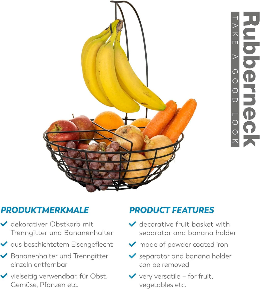 Rubberneck Obstkorb mit Bananenhaken aus Metall - moderne Obstschale mit herausnehmbarer Trennwand u