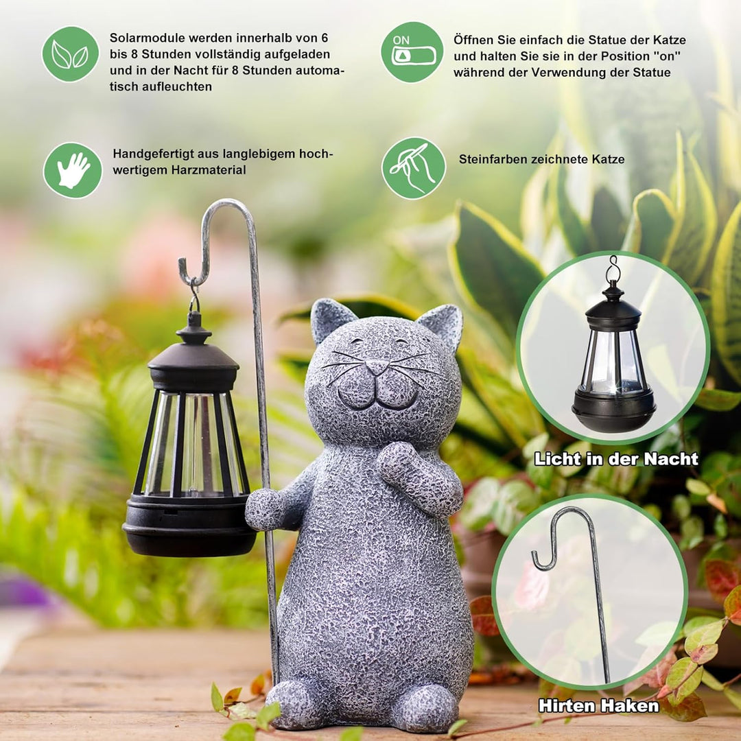 Yeomoo Katze Gartenfiguren für Aussen mit Solar Laterne – Lustig Wasserdicht Solarlampe Figur Garten