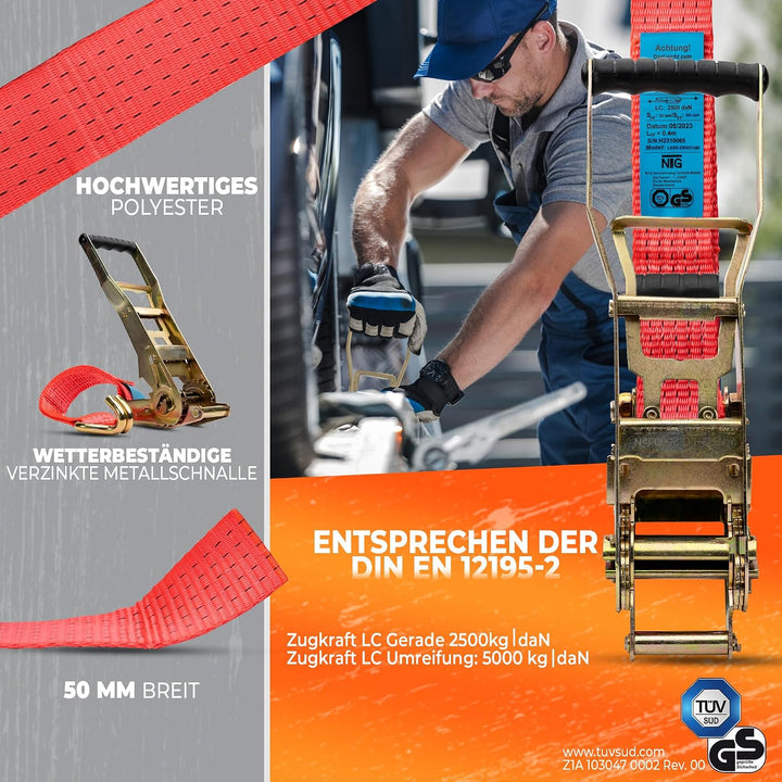NTG Spanngurte mit Ergo-Ratsche 5000 kg 8 m - 4 Stück 2-teilig 50 mm TÜV/GS | Langhebelratsche mit H