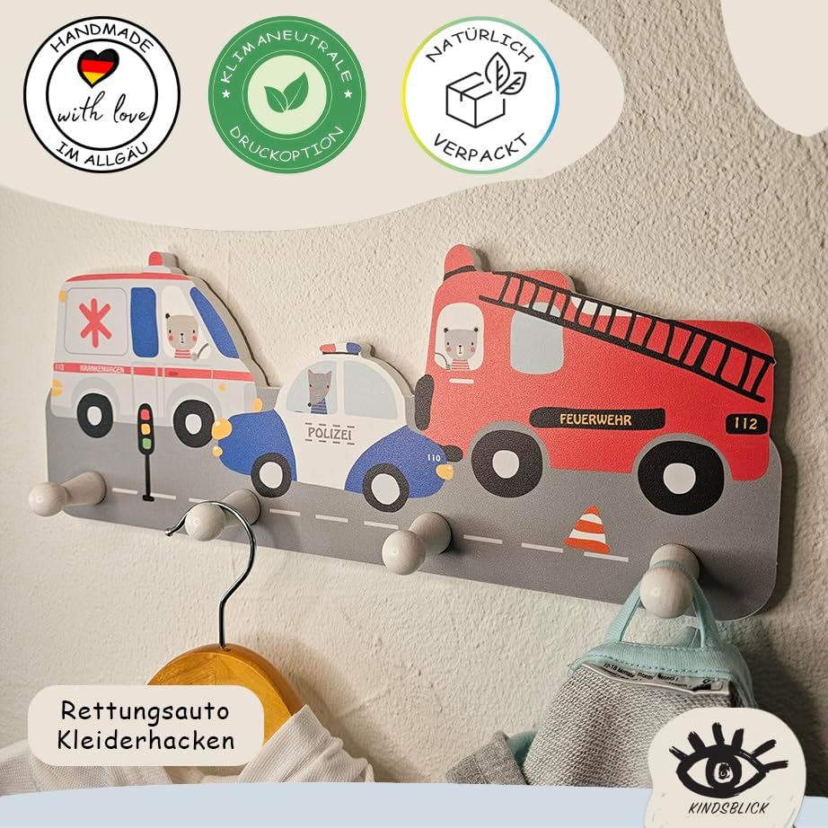Rettungsautos Kindergarderobe in Bunt inkl. niedlichem A4 Poster - Kinder Garderobe Deko mit 4 Haken
