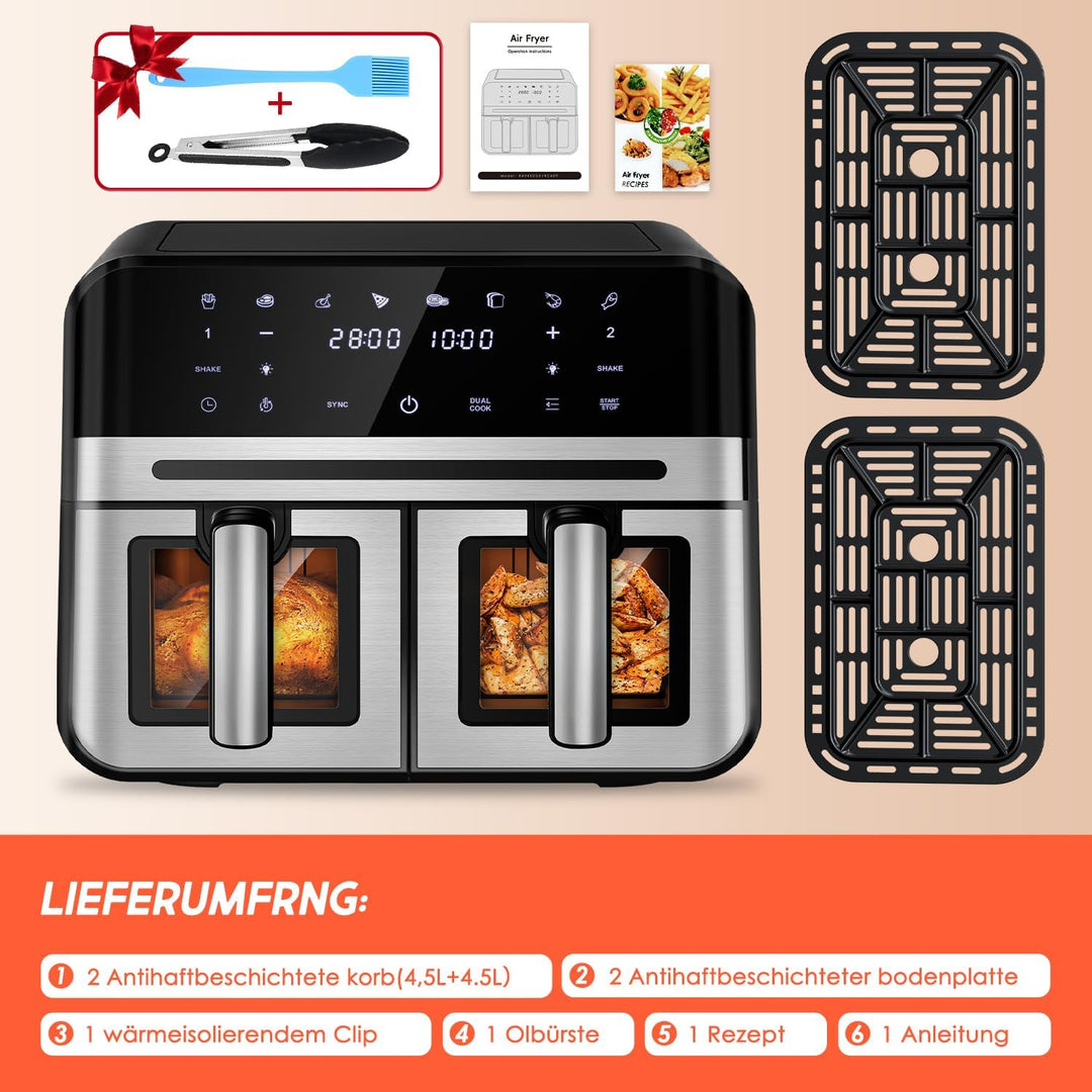 Airfryer,Heissluftfritteuse 2 kammern,8 Programme,Heissluftfritteuse mit Touchscreen,Spülmaschinenfe