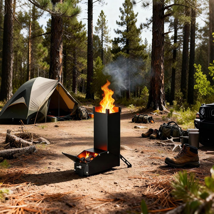 Raketenofen Edelstahl Camping Holzofen & Feuerschale mit Tasche, vielseitiger Tragbar Campingofen, K