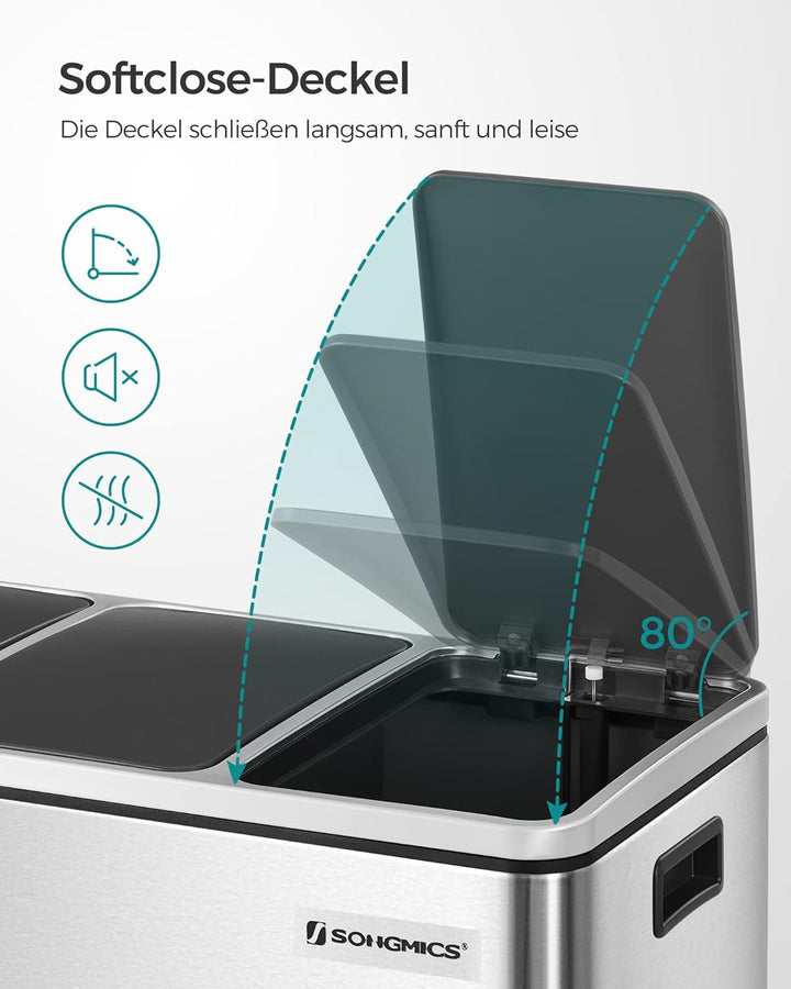 SONGMICS Mülleimer Küche, Mülltrennsystem, 3 x 18 L, Treteimer mit 3 Fächern, Abfalleimer, Softclose
