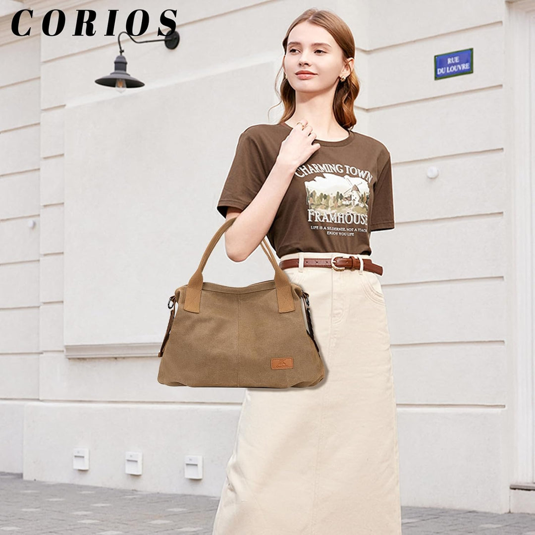 CORIOS Damen Canvas Schultertasche Grosse Kapazität Umhängetasche Casual Handtasche Leichtgewicht To