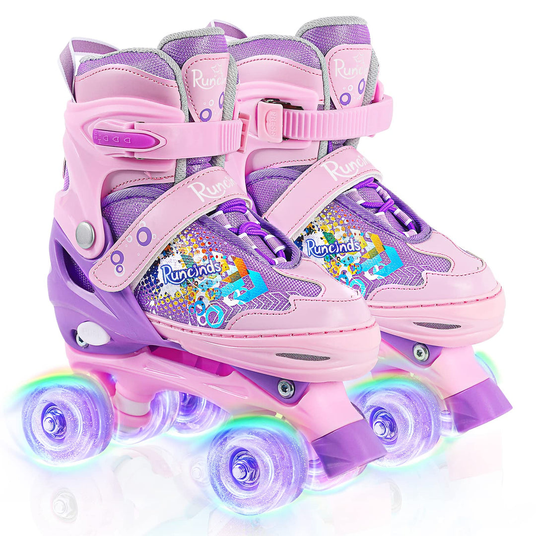 Runcinds Kinder Rollschuhe für Mädchen, Frauen, 4 Grössen verstellbar mit leuchtenden Rädern, Kleink