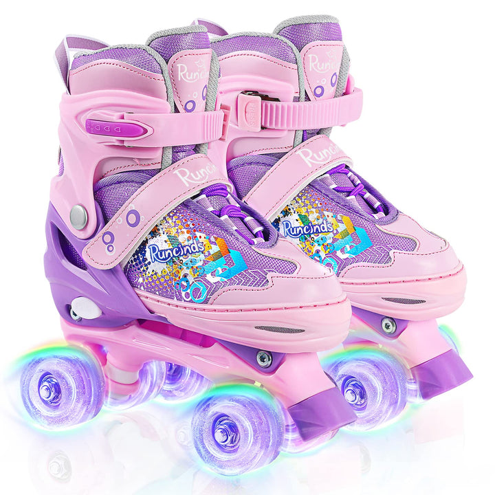 Runcinds Kinder Rollschuhe für Mädchen, Frauen, 4 Grössen verstellbar mit leuchtenden Rädern, Kleink