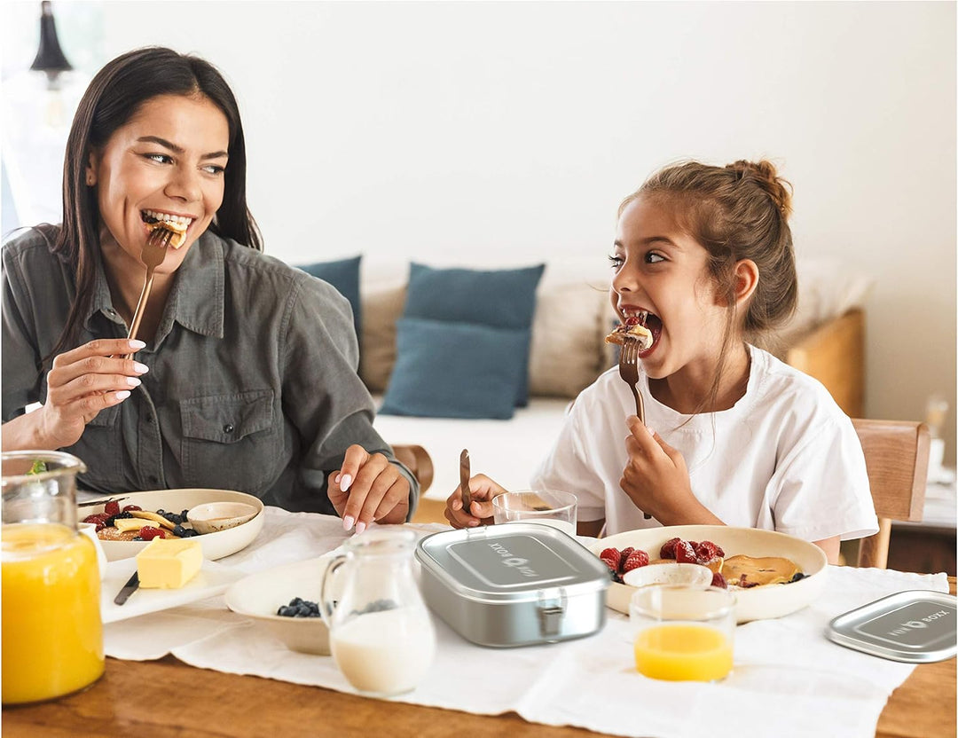 FOXBOXX Brotdose Edelstahl Premium | XL 1400ml | 2 Trenner | DualCham Dichtung & Smart Clips | Ausla