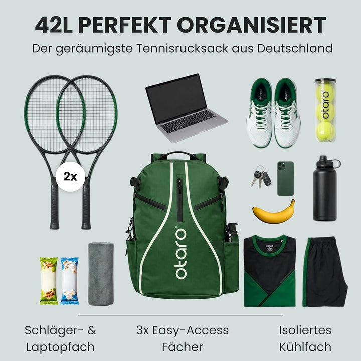 Otaro Tennisrucksack mit Schuhfach (Für 2 Tennisschläger) Inkl. Separierten Schuhfach & Schlägerschu