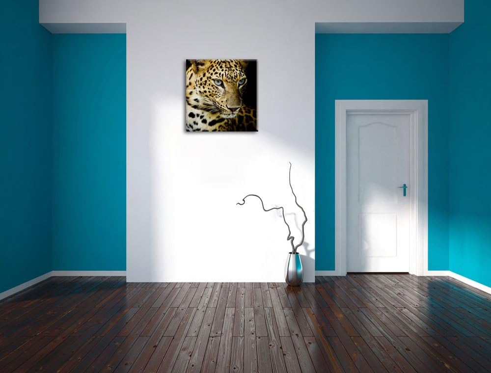 Leopard mit blauen Augen, Format: 70x70 auf Leinwand, XXL riesige Bilder fertig gerahmt mit Keilrahm
