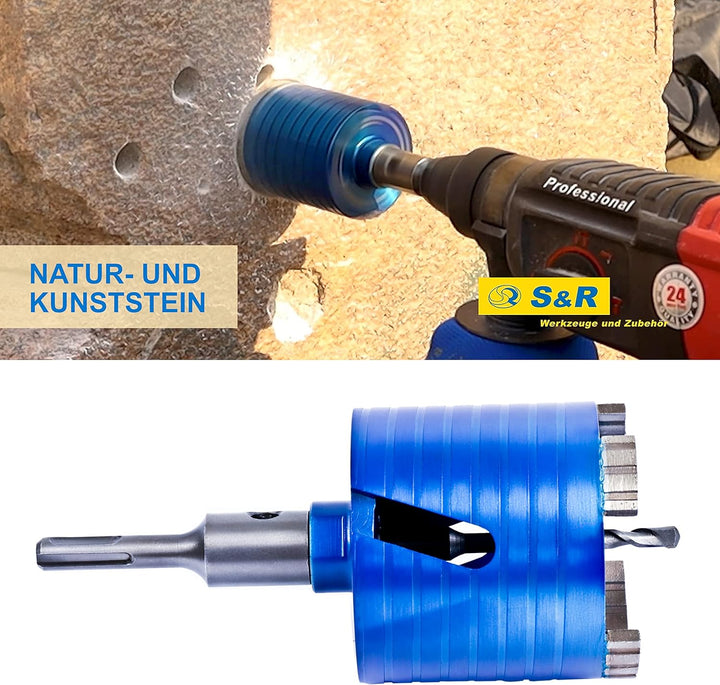 S&R Diamantbohrkrone - SET 82mm, Dosensenker, Kernbohrkrone, Segmenthöhe 10mm, mit Zentrierbohrer 8x