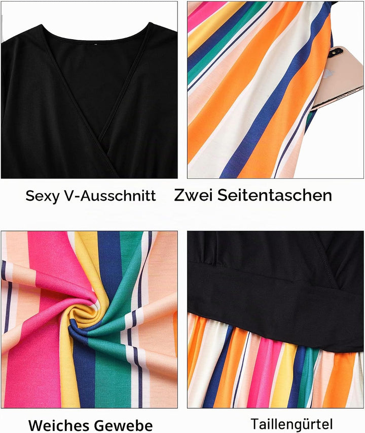 STYLEWORD Damen Sommerkleid Kurzarm V-Ausschnitt Kleider Blumenmuster Kleid Wickelkleid Mit Taschen