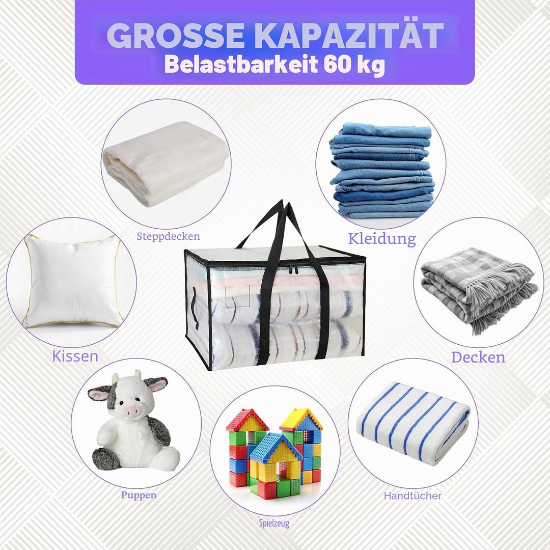 4 Stück 90L Grosse Aufbewahrungstasche mit Deckel, Transparente Umzugskartons Kleiderbox Plastiktasc