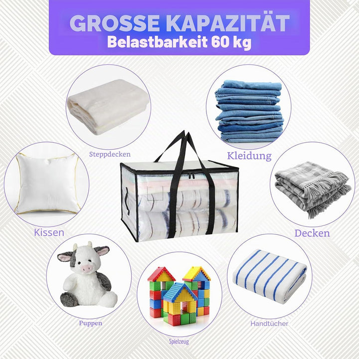 4 Stück 90L Grosse Aufbewahrungstasche mit Deckel, Transparente Umzugskartons Kleiderbox Plastiktasc