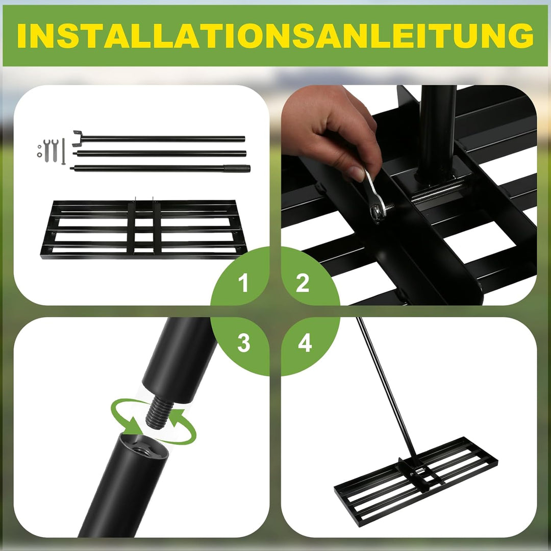 Rasenrechen 75x25cm mit 2m Verstellbarem Griff & Drehsteckersystem , Handlicher Arbeitssparendes Ras