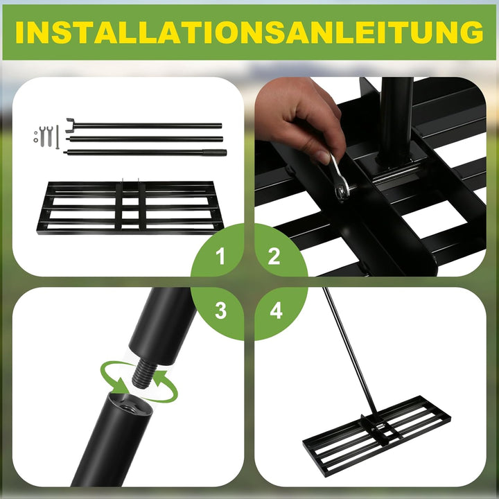 Rasenrechen 75x25cm mit 2m Verstellbarem Griff & Drehsteckersystem , Handlicher Arbeitssparendes Ras