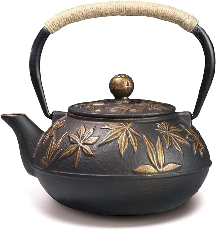 Webao Teekanne Gusseisen, 800ml Asiatische Teekanne Teekessel mit Edelstahl Sieb, Gold Ahornblätter