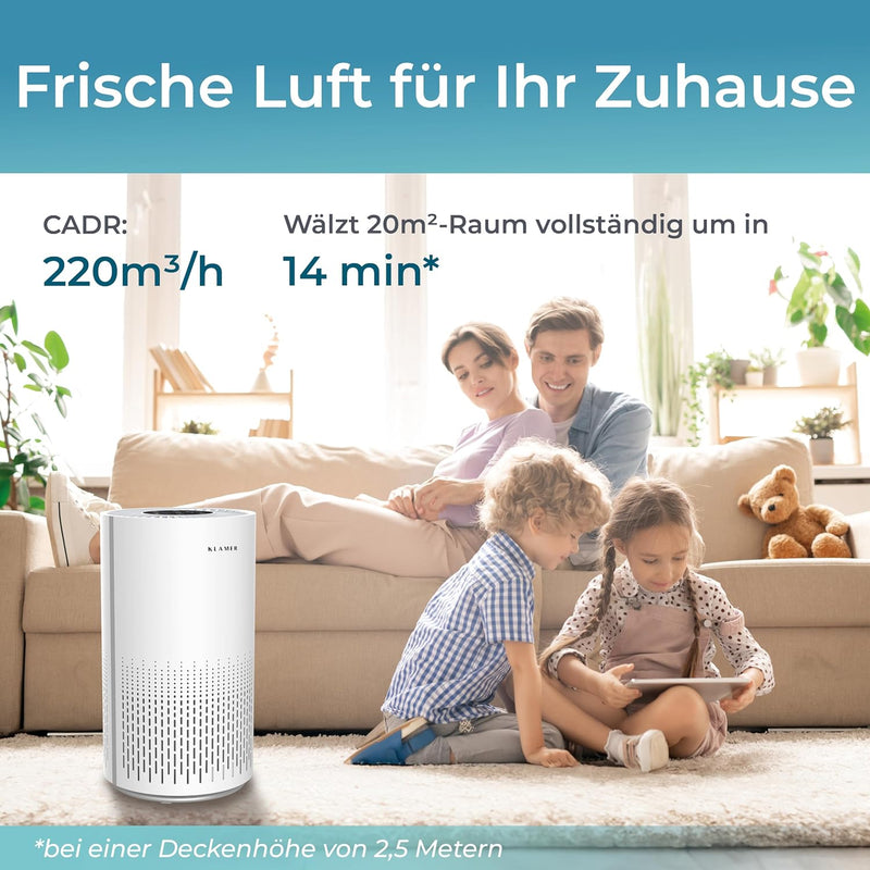 KLAMER Luftreiniger 300i mit HEPA Filter, CADR Spitzenleistung von 220 m³/h, für Räume bis 50m², ent