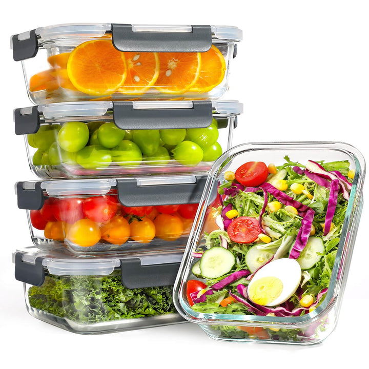 YASHE 5 Teile Glasbehälter mit Deckel, 1040ml Stapelbar & Luftdicht Meal Prep Boxen Glas für Spülmas