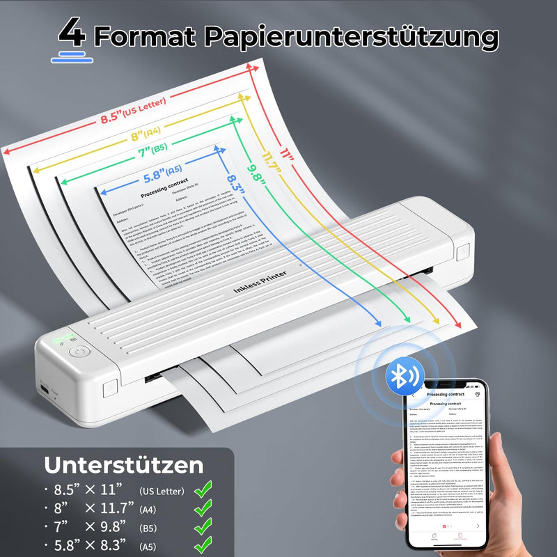 ASprink Mobiler Drucker A4 für Unterwegs, P831 Bluetooth Drucker Klein für US Letter/A4/B5/A5, Druck