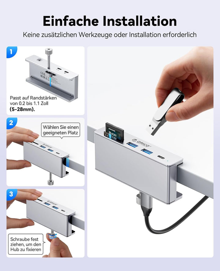ORICO USB Hub 3.2 Schreibtisch, 10Gbit/s Aluminum USB-Hub Klemme und USB-C PD 60W, 6 Ports USB Verte