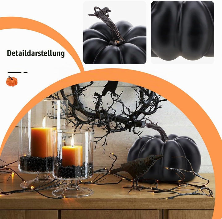 15cm Schwarz Künstliche Kürbis Deko Herbst Tischdeko Herbstdeko Kürbisse Eicheln Blätter Beerenzweig
