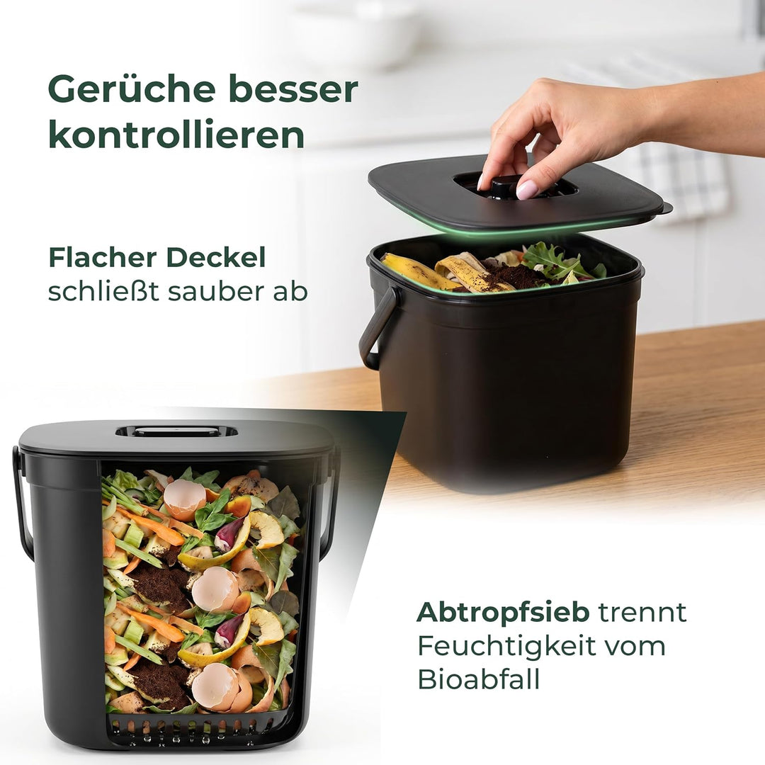 Novaliv Bio-Tischmülleimer 5L Schwarz 2er-Set mit Sieb, Komposteimer Küche mit Klappdeckel, Tragegri