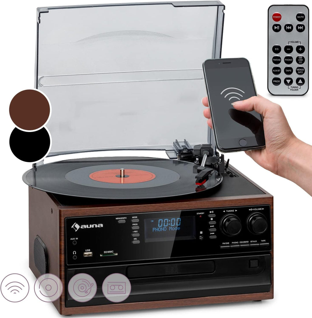 Auna Plattenspieler für Schallplatten, Plattenspieler mit Lautsprecher, CD-Player, USB & DAB Radio,