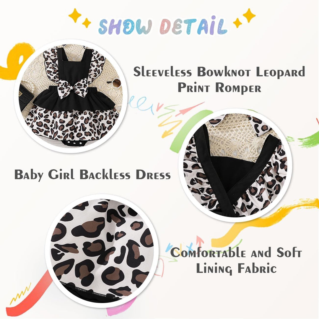 Baby Mädchen Leopard Print Hosenträger Kleid Bowknot Stirnband Kleiderset, ärmellos Rundhalsausschni
