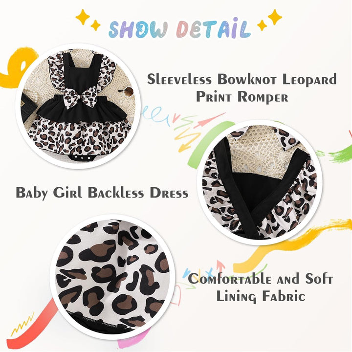 Baby Mädchen Leopard Print Hosenträger Kleid Bowknot Stirnband Kleiderset, ärmellos Rundhalsausschni