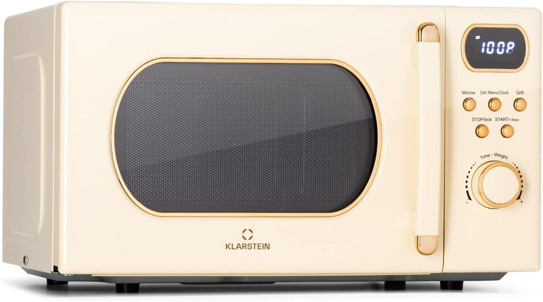 Klarstein Mikrowelle mit Grill, 800 Watt Mikrowelle Klein, 3-in-1Edelstahl-Mikrowelle Creme, Kleine