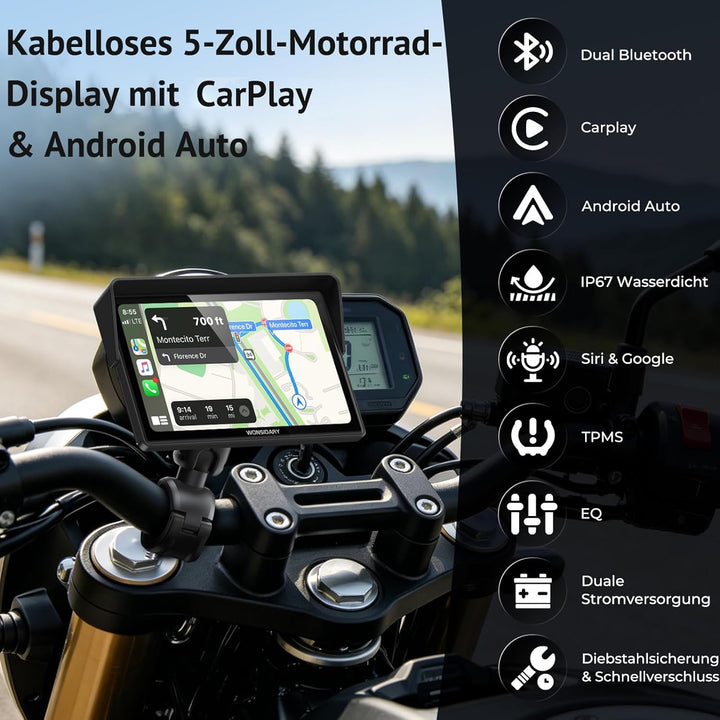 W522TPMS 5 Zoll Motorrad CarPlay Display mit TPMS &amp; Android Auto | Motorrad Navi Display mit IP67 Wa