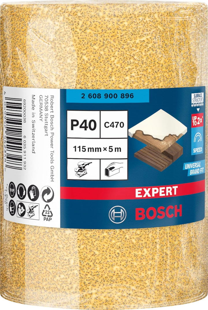 Bosch 1x EXPERT C470 Schleifpapierrolle (für Farbe auf Holz, Hartholz, 115 mm x 5 m, Körnung 40, Pro
