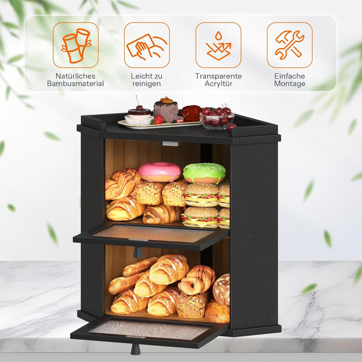 HOOBRO Brotkasten Bambus, 2-lagige Brotkorb mit Oberem Fach, Brotbox, Brotaufbewahrung für Brötchen
