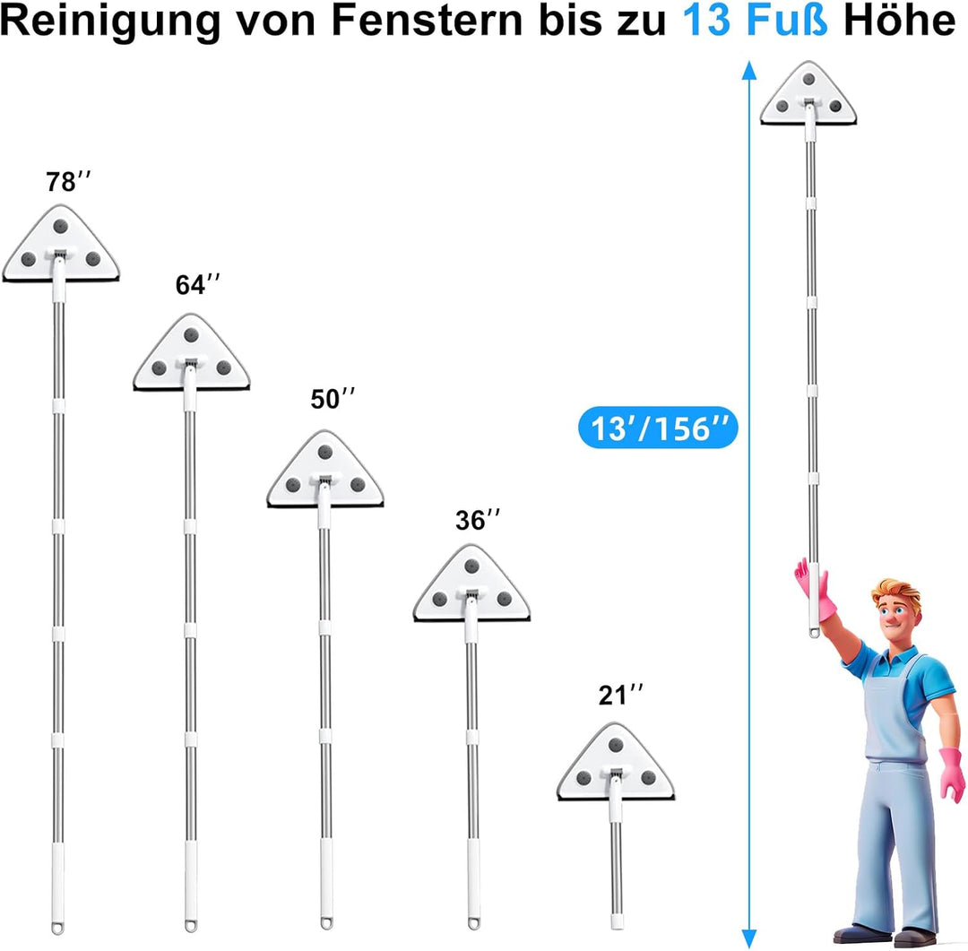 CTIME 3-in-1 Fensterreiniger mit 360° drehbarem Dreieckkopf & Teleskopstiel (200 cm) – Fensterabzieh