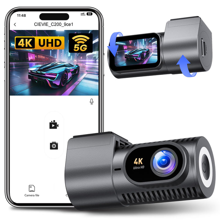 CIEVIE Dashcam Auto Vorne 4K, 1,5" IPS Display & 5G WiFi & 64GB Karte, 360° Drehbar Mini Dash Cam, A