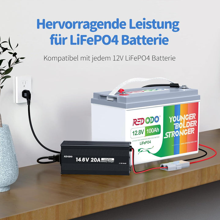 Redodo LiFePO4 100Ah 12,8V Batterie mit LiFePO4 Ladegerät 14,6V 20A, 5 Std. Schnelles Aufladen 100A