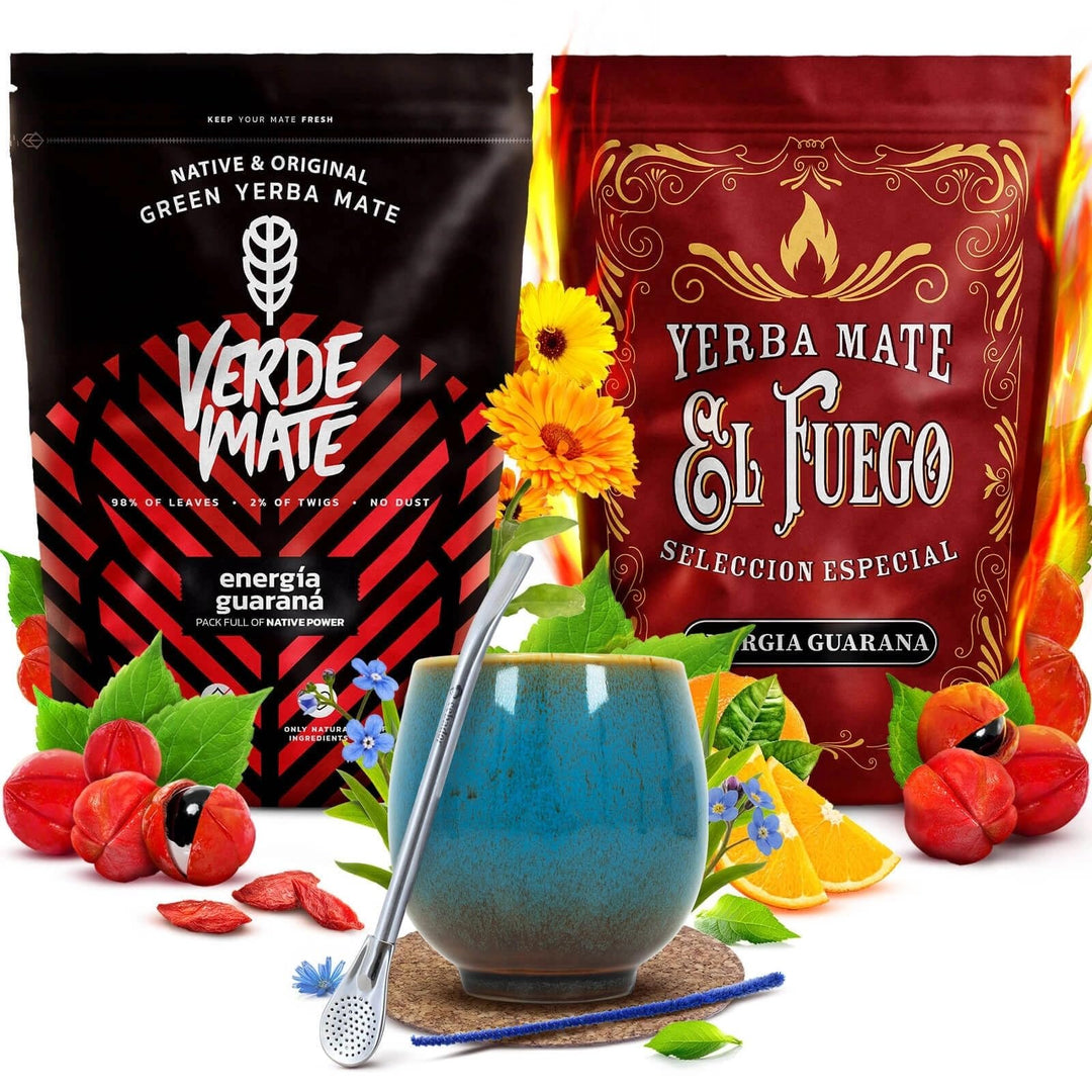 Verde Mate und El Fuego Mate Tee Set 1kg - Yerba Mate Energia Guarana 2x500g - Keramik Mate Becher,