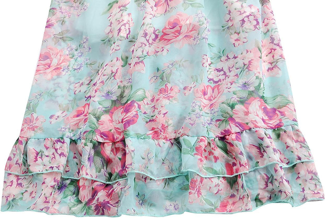 BONNY BILLY Mädchen Kleider Freizeit Blumen Sommerkleid Strandkleid Chiffonkleid Maxikleid mit Rüsch