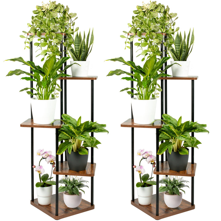 TTL HOME Blumenständer TOWER 2er Set - 5 Etagen 105 cm hoch Pflanzenständer Design Holz Eiche & Meta