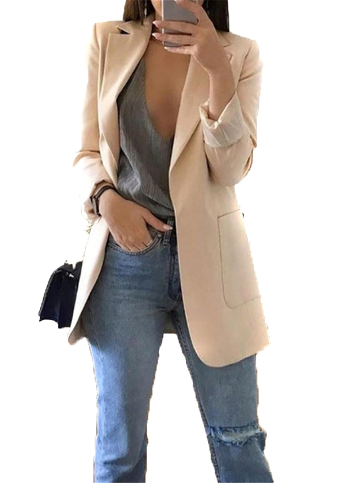 EFOFEI Damen Frühlings Kurz Mantel Jacke Mit Doppelter Seitentasche Elegant Langarm Blazer Mode Anzu