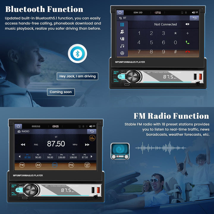 Hikity AM FM Autoradio 1 Din Wireless Carplay Android Auto, 7 Zoll Manuelle Ausfahrbarem Display Tou